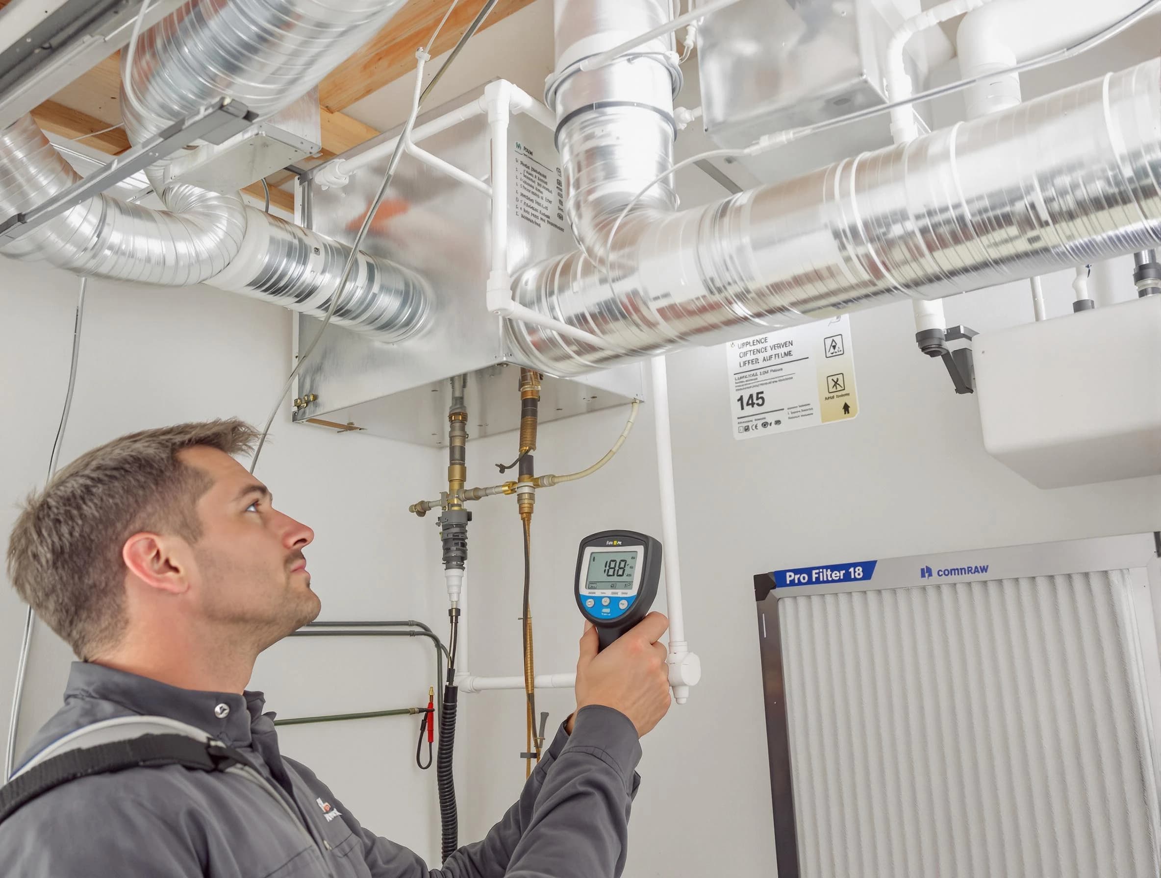 Chino Air Duct Cleaning expert conducting detailed filter system inspection using diagnostic tools in Chino