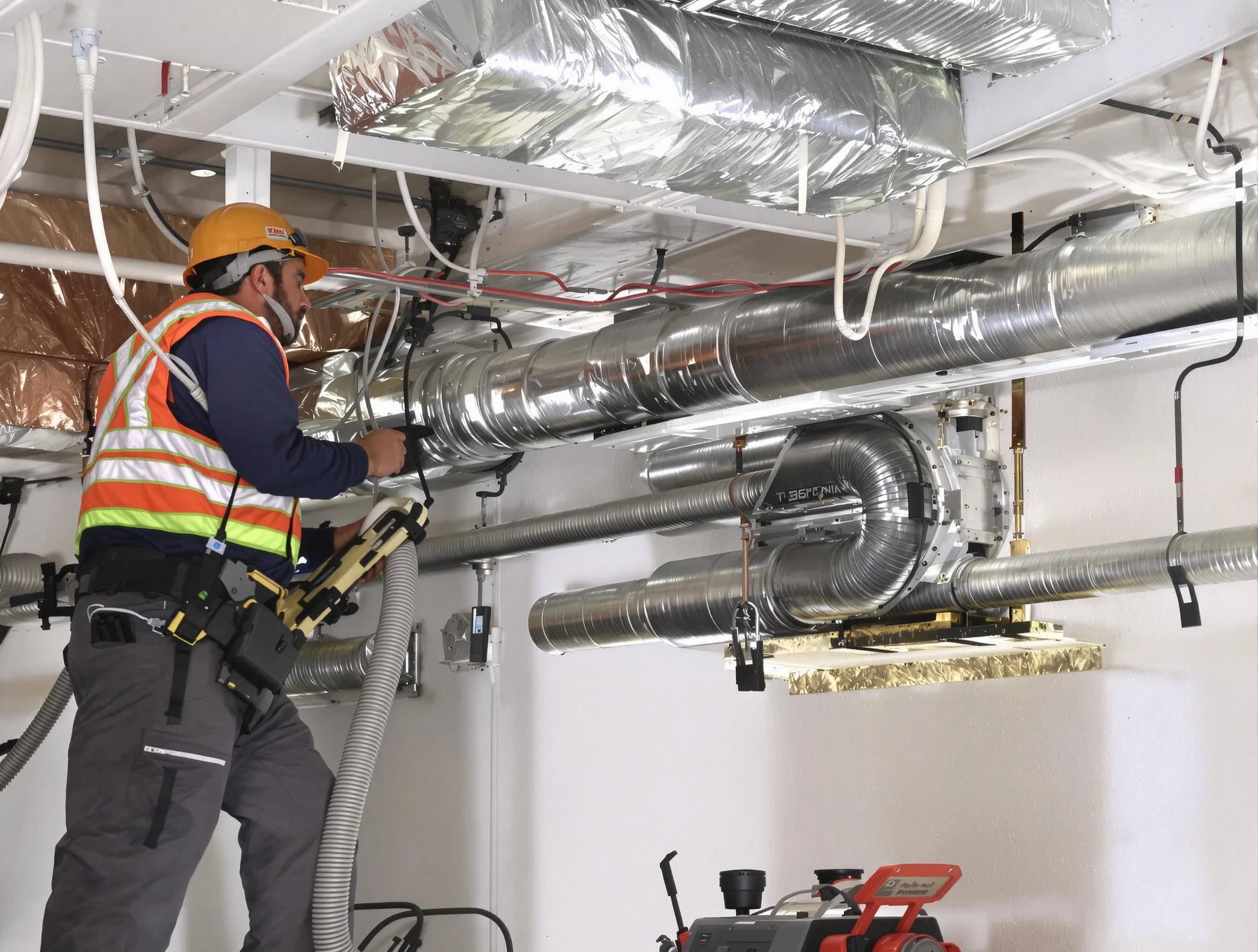 Chino Air Duct Cleaning technician performing precision vacuum insulation removal in a residential property in Chino